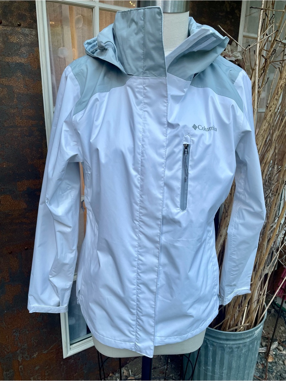 Columbia White and Light Gray Hooded Waterproof Jacket